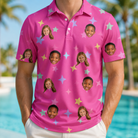 Model wearing Men's Astro Applause Custom Face Polo Shirt printed with kids' faces