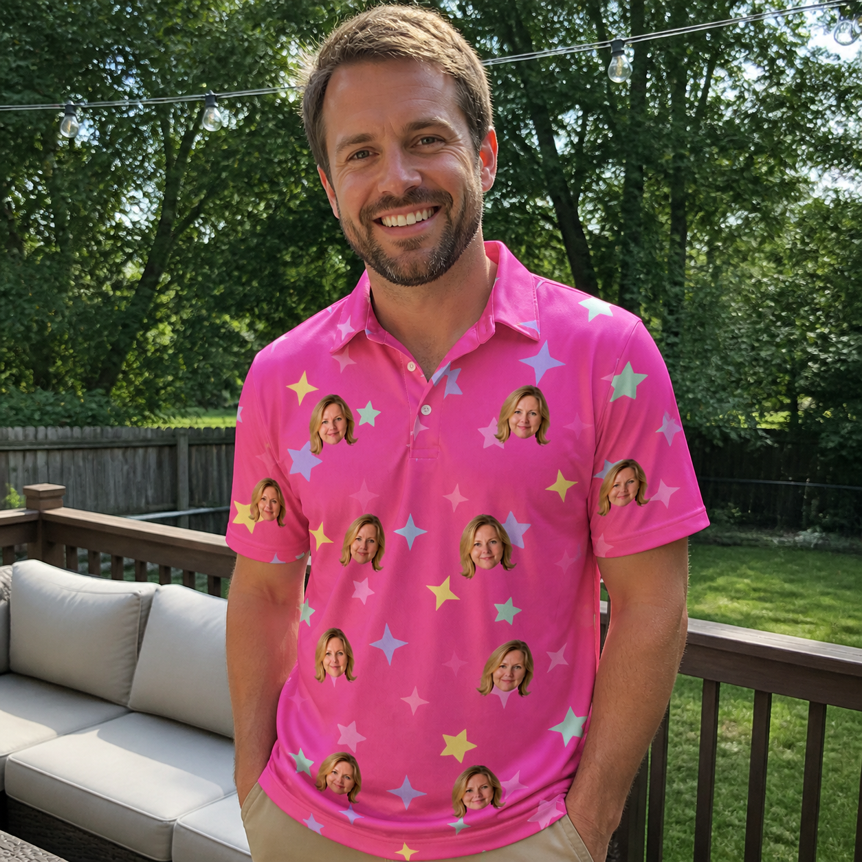 Real-life photo of someone wearing Men's Astro Applause Custom Face Polo Shirt — custom faces printed all-over
