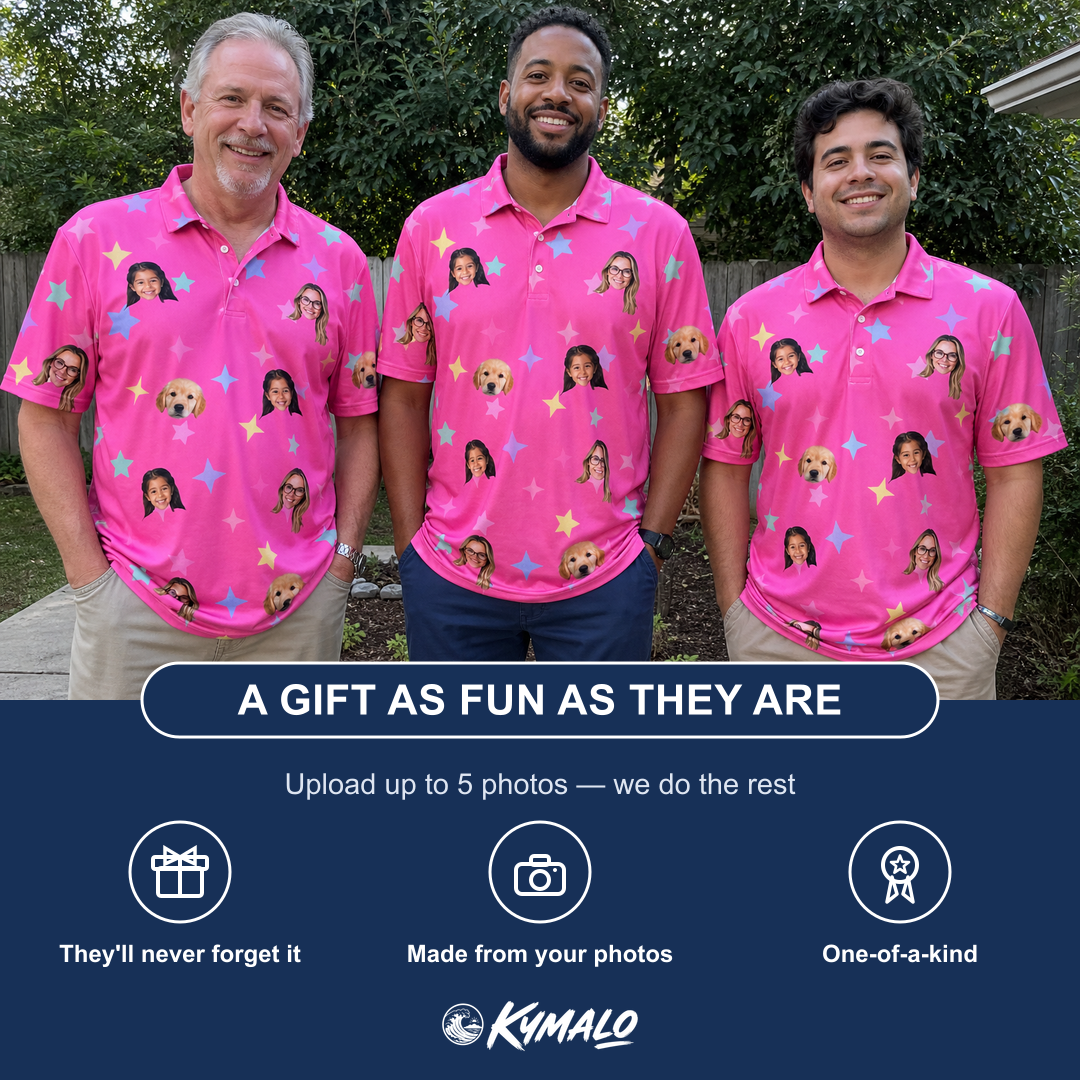Friends in matching Men's Astro Applause Custom Face Polo Shirt — a group gift photo