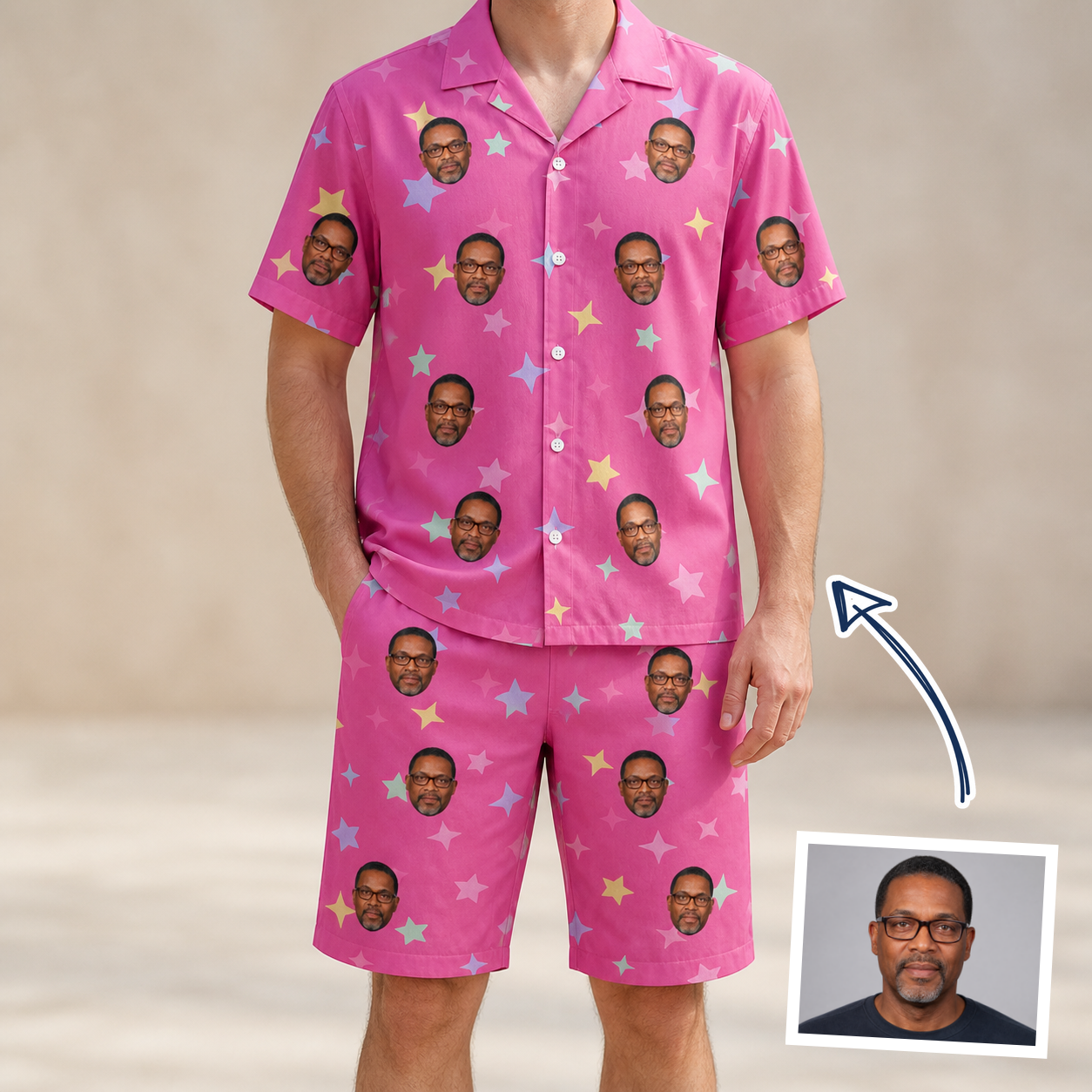 Man wearing Men's Astro Applause Custom Face Shirt & Shorts Set — custom faces printed all-over