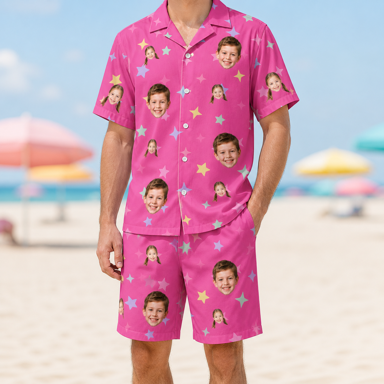Model wearing Men's Astro Applause Custom Face Shirt & Shorts Set printed with kids' faces