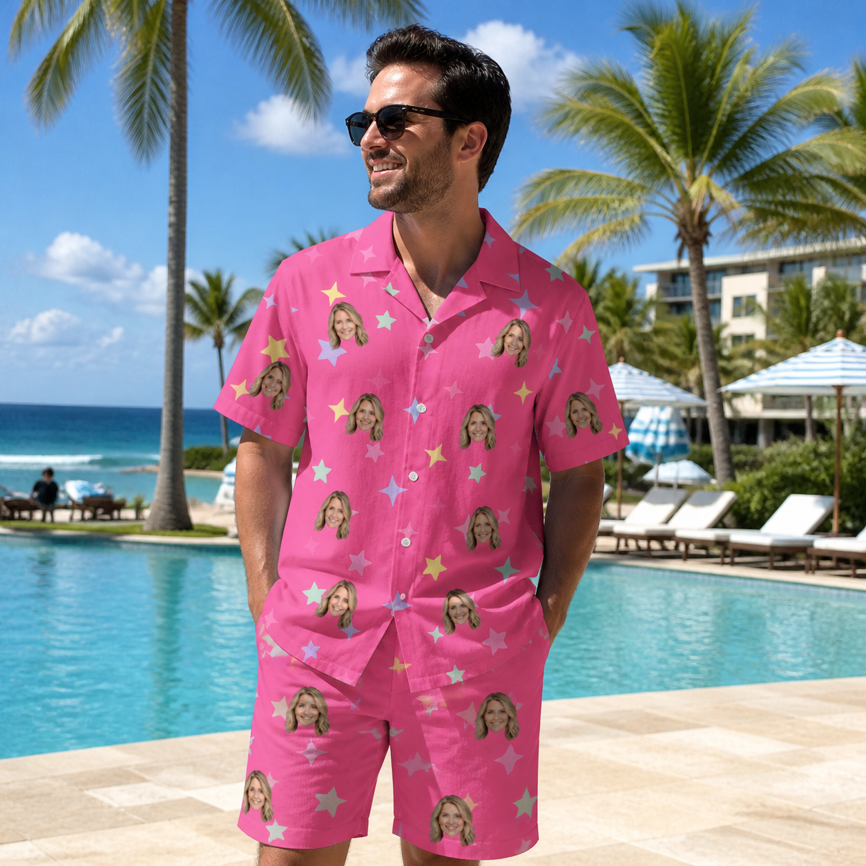 Real-life photo of someone wearing Men's Astro Applause Custom Face Shirt & Shorts Set — custom faces printed all-over