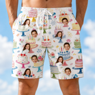 Model wearing Men's Longevity Layers Custom Face Beach Shorts printed with kids' faces