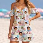 Model wearing Women's Longevity Layers Custom Face Off-Shoulder Dress printed with kids' faces
