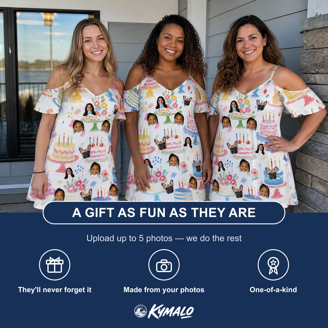 Friends in matching Women's Longevity Layers Custom Face Off-Shoulder Dress — a group gift photo