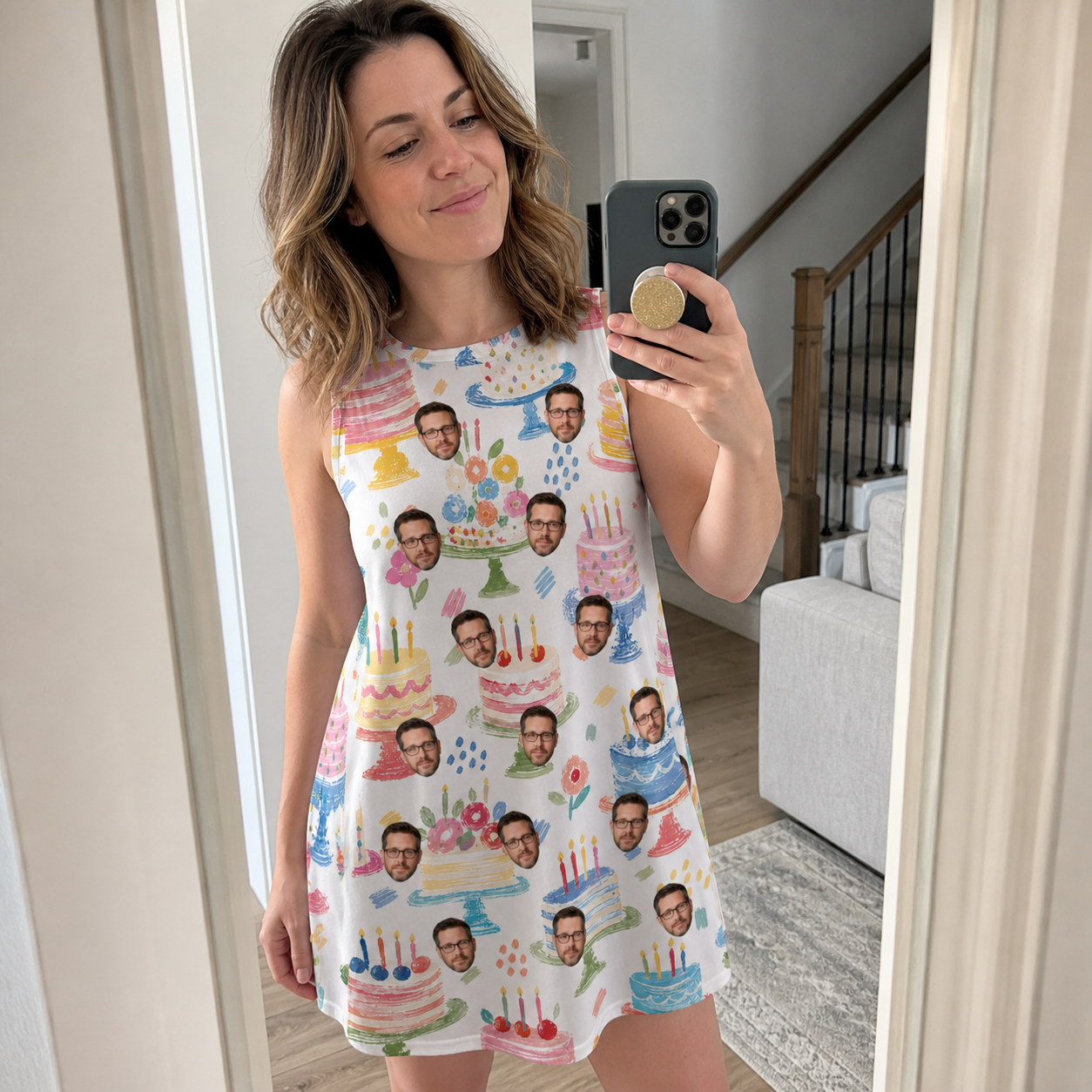 Real-life photo of someone wearing Women's Longevity Layers Custom Face Tank Dress — custom faces printed all-over
