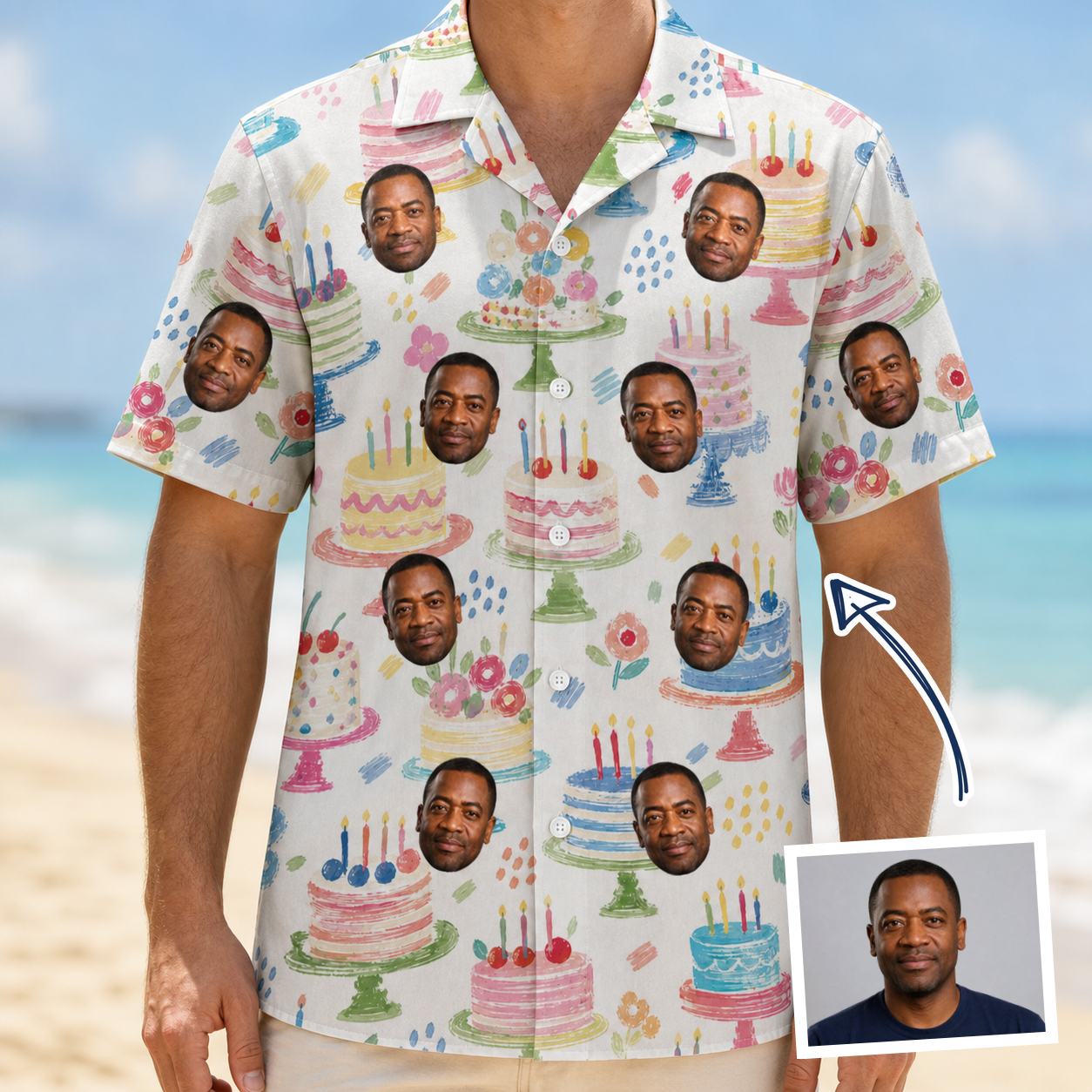 Man wearing Men's Longevity Layers Custom Face Hawaiian Shirt — custom faces printed all-over