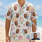 Man wearing Men's Longevity Layers Custom Face Hawaiian Shirt — custom faces printed all-over