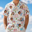 Model wearing Men's Longevity Layers Custom Face Hawaiian Shirt printed with kids' faces