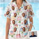 Woman wearing Women's Longevity Layers Custom Face Hawaiian Shirt — custom faces printed all-over