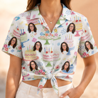 Woman wearing Women's Longevity Layers Custom Face Hawaiian Shirt tied at the waist
