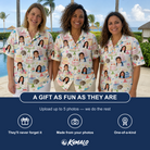Friends in matching Women's Longevity Layers Custom Face Hawaiian Shirt — a group gift photo