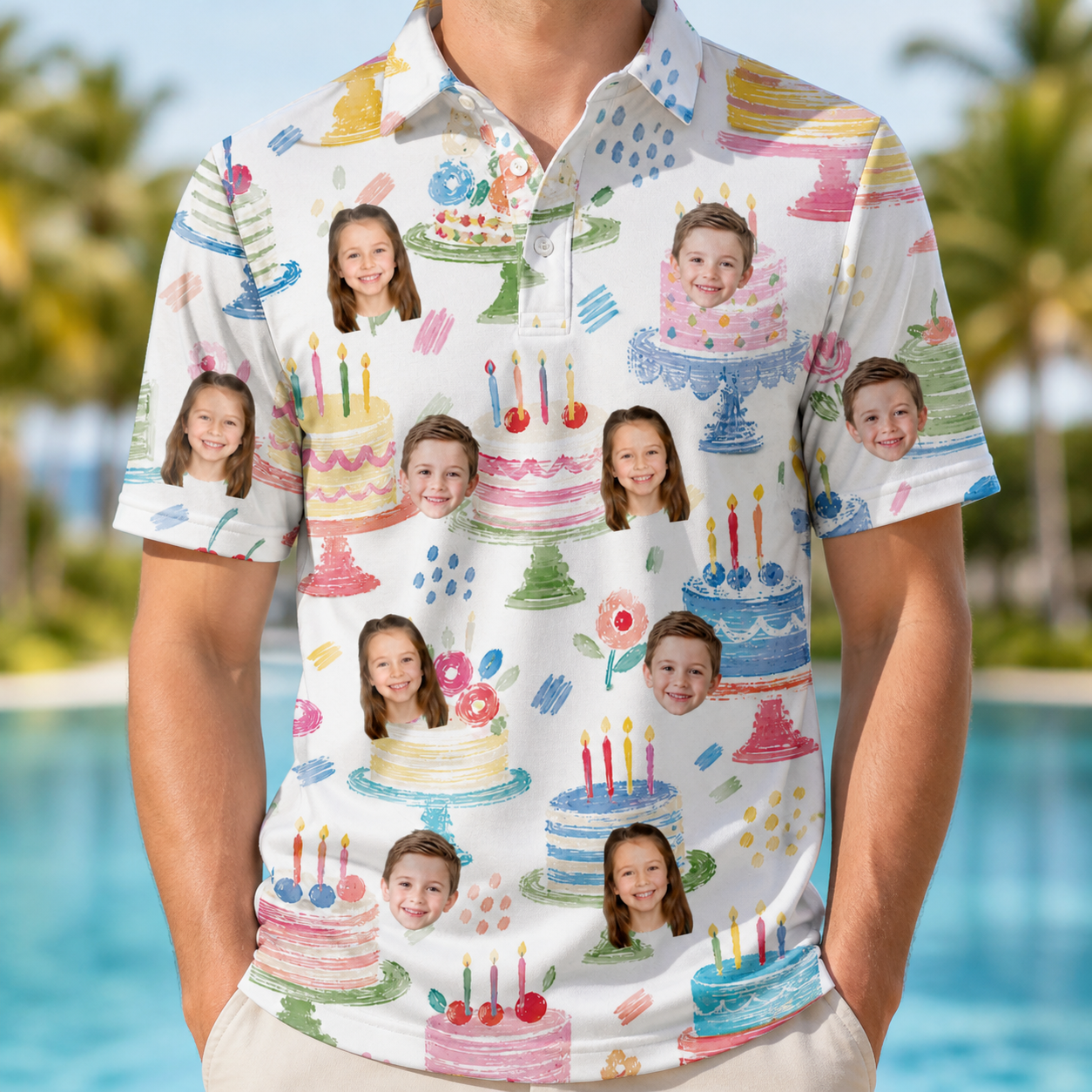 Model wearing Men's Longevity Layers Custom Face Polo Shirt printed with kids' faces