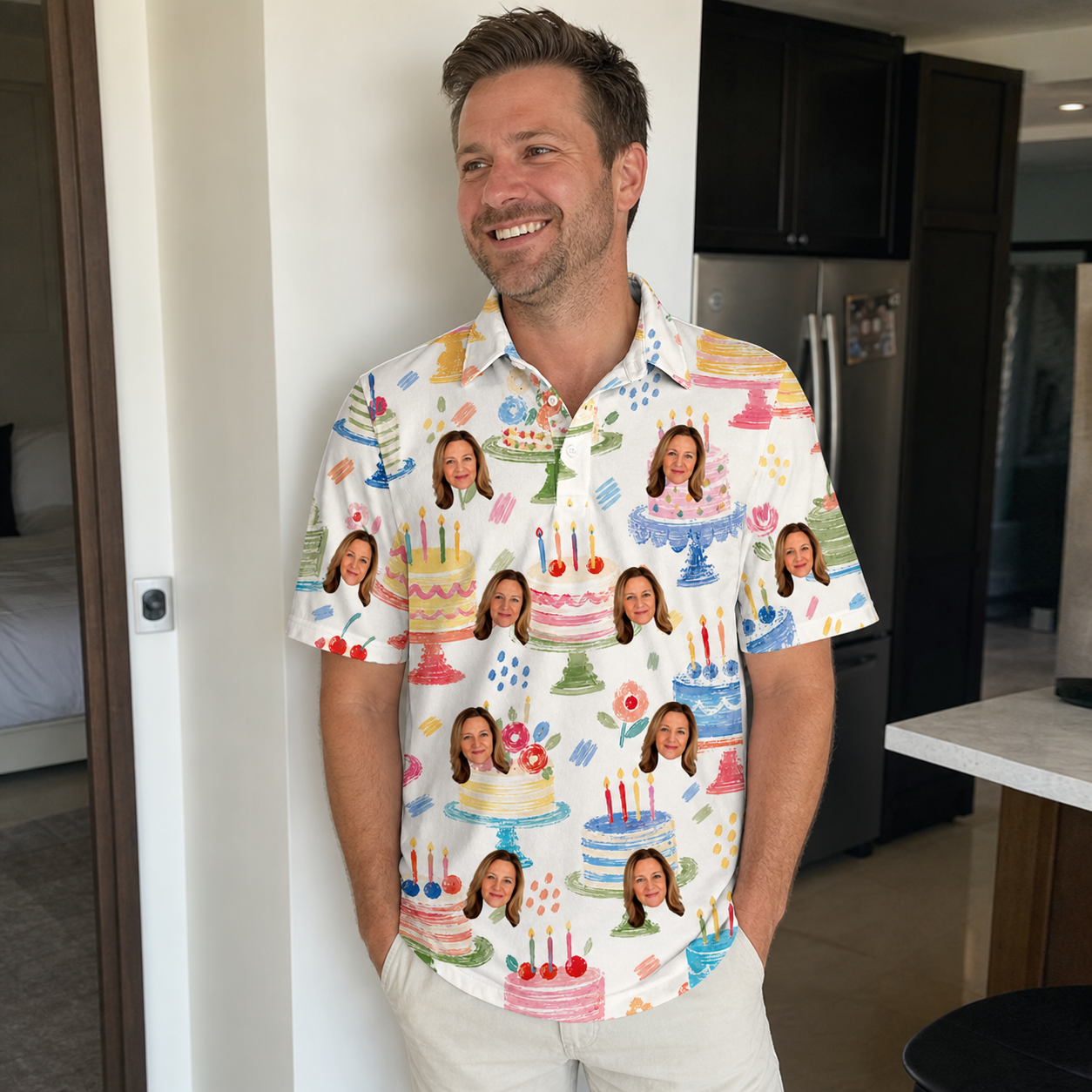 Real-life photo of someone wearing Men's Longevity Layers Custom Face Polo Shirt — custom faces printed all-over