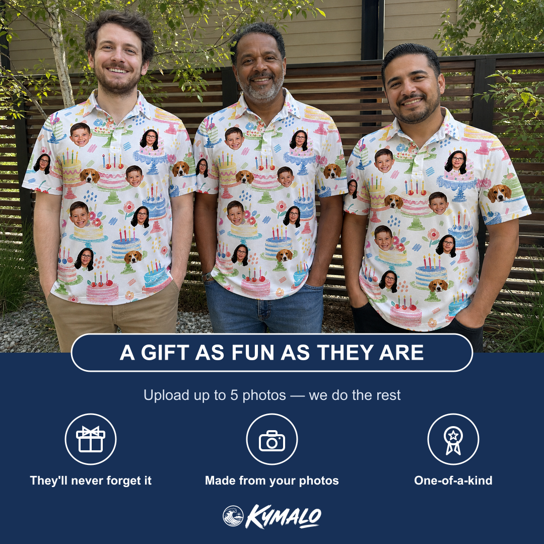 Friends in matching Men's Longevity Layers Custom Face Polo Shirt — a group gift photo