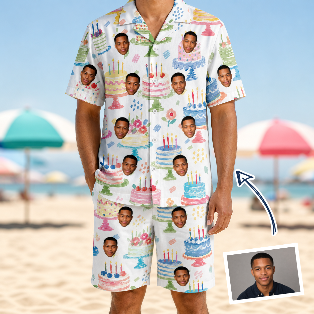 Man wearing Men's Longevity Layers Custom Face Shirt & Shorts Set — custom faces printed all-over