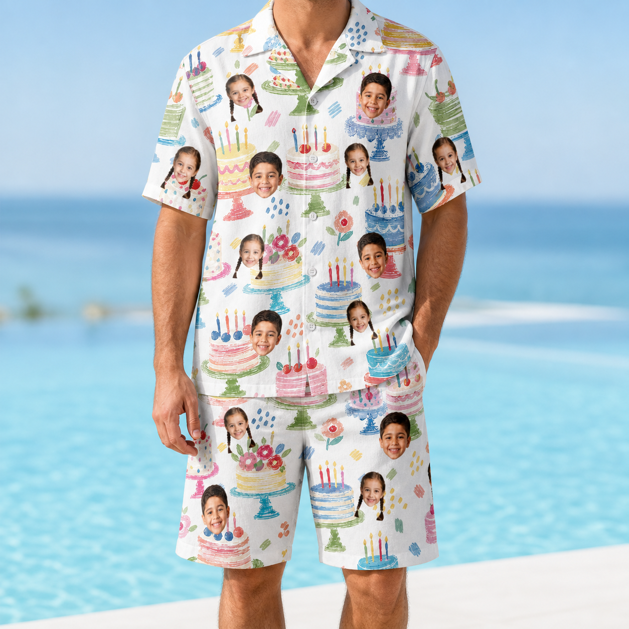 Model wearing Men's Longevity Layers Custom Face Shirt & Shorts Set printed with kids' faces
