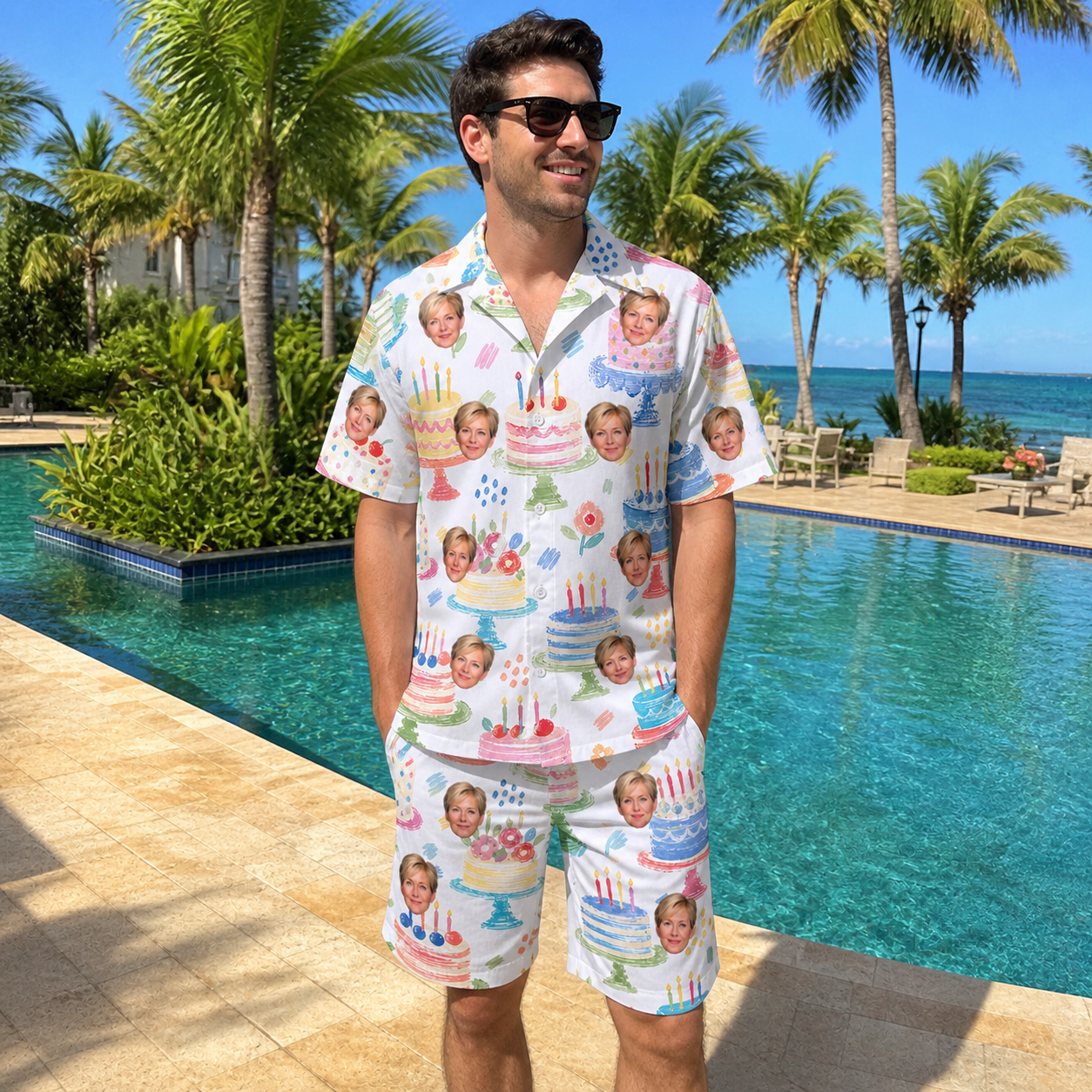 Real-life photo of someone wearing Men's Longevity Layers Custom Face Shirt & Shorts Set — custom faces printed all-over