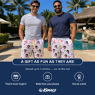 Friends in matching Men's Confetti Comets Custom Face Beach Shorts — a group gift photo