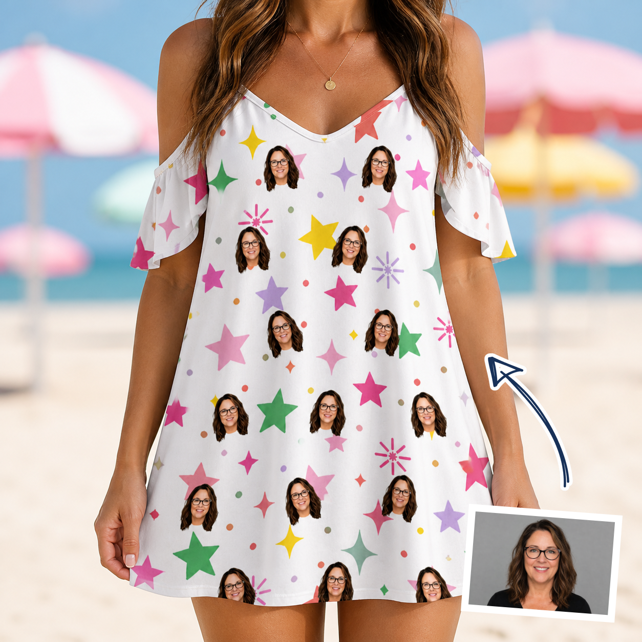Woman wearing Women's Confetti Comets Custom Face Off-Shoulder Dress — custom faces printed all-over