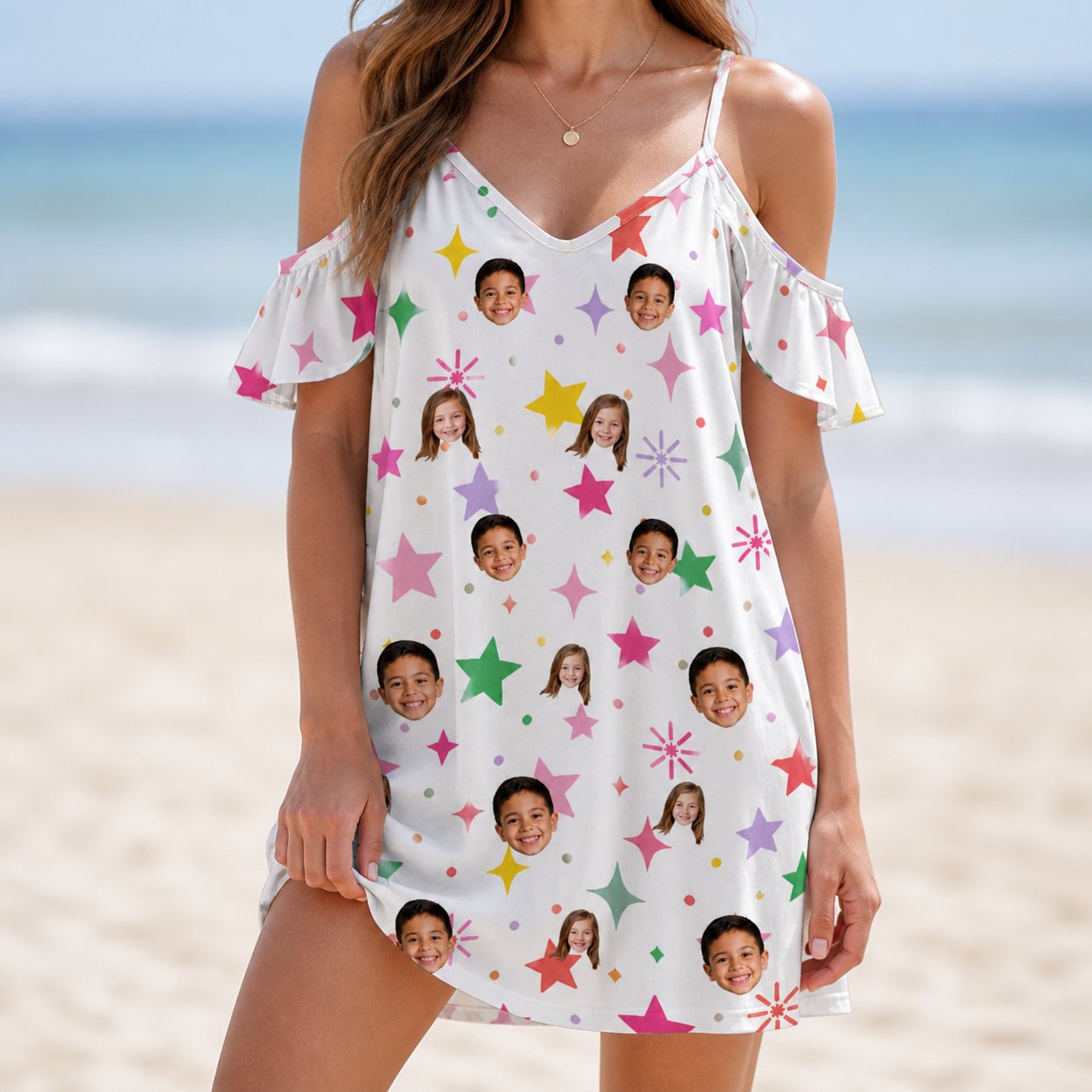 Model wearing Women's Confetti Comets Custom Face Off-Shoulder Dress printed with kids' faces