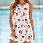 Model wearing Women's Confetti Comets Custom Face Tank Dress printed with kids' faces