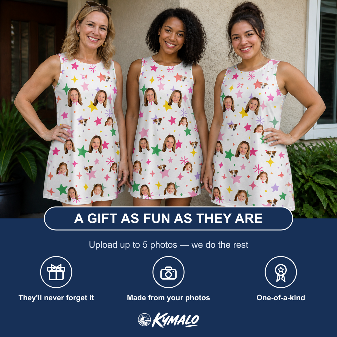 Friends in matching Women's Confetti Comets Custom Face Tank Dress — a group gift photo