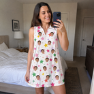 Real-life photo of someone wearing Women's Confetti Comets Custom Face V-Neck Dress — custom faces printed all-over