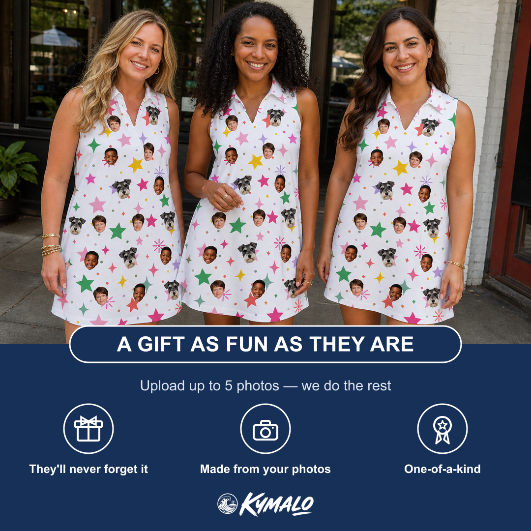 Friends in matching Women's Confetti Comets Custom Face V-Neck Dress — a group gift photo