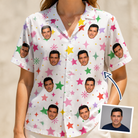 Woman wearing Women's Confetti Comets Custom Face Hawaiian Shirt — custom faces printed all-over