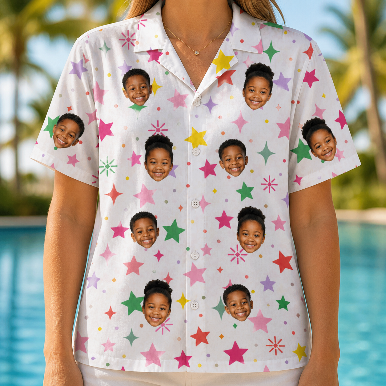 Model wearing Women's Confetti Comets Custom Face Hawaiian Shirt printed with kids' faces