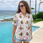 Real-life photo of someone wearing Women's Confetti Comets Custom Face Hawaiian Shirt — custom faces printed all-over