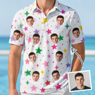Man wearing Men's Confetti Comets Custom Face Polo Shirt — custom faces printed all-over