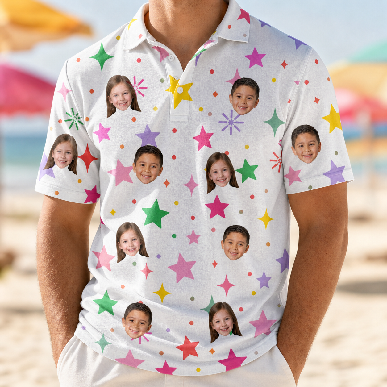 Model wearing Men's Confetti Comets Custom Face Polo Shirt printed with kids' faces