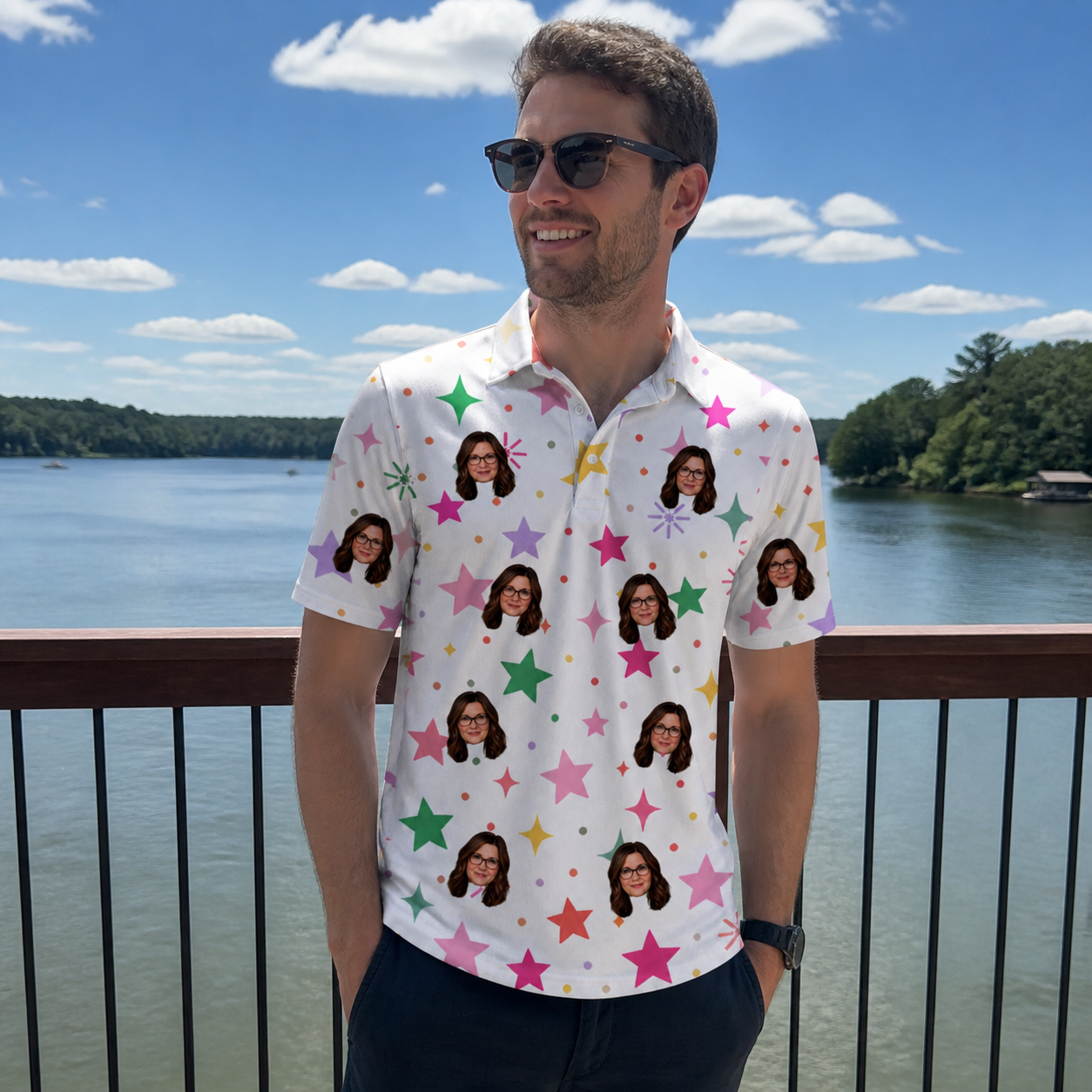 Real-life photo of someone wearing Men's Confetti Comets Custom Face Polo Shirt — custom faces printed all-over
