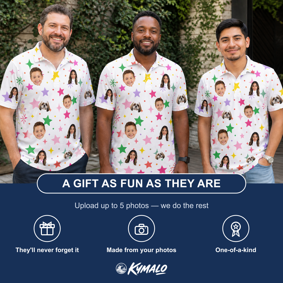 Friends in matching Men's Confetti Comets Custom Face Polo Shirt — a group gift photo