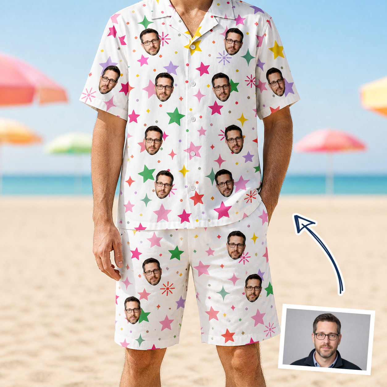 Man wearing Men's Confetti Comets Custom Face Shirt & Shorts Set — custom faces printed all-over