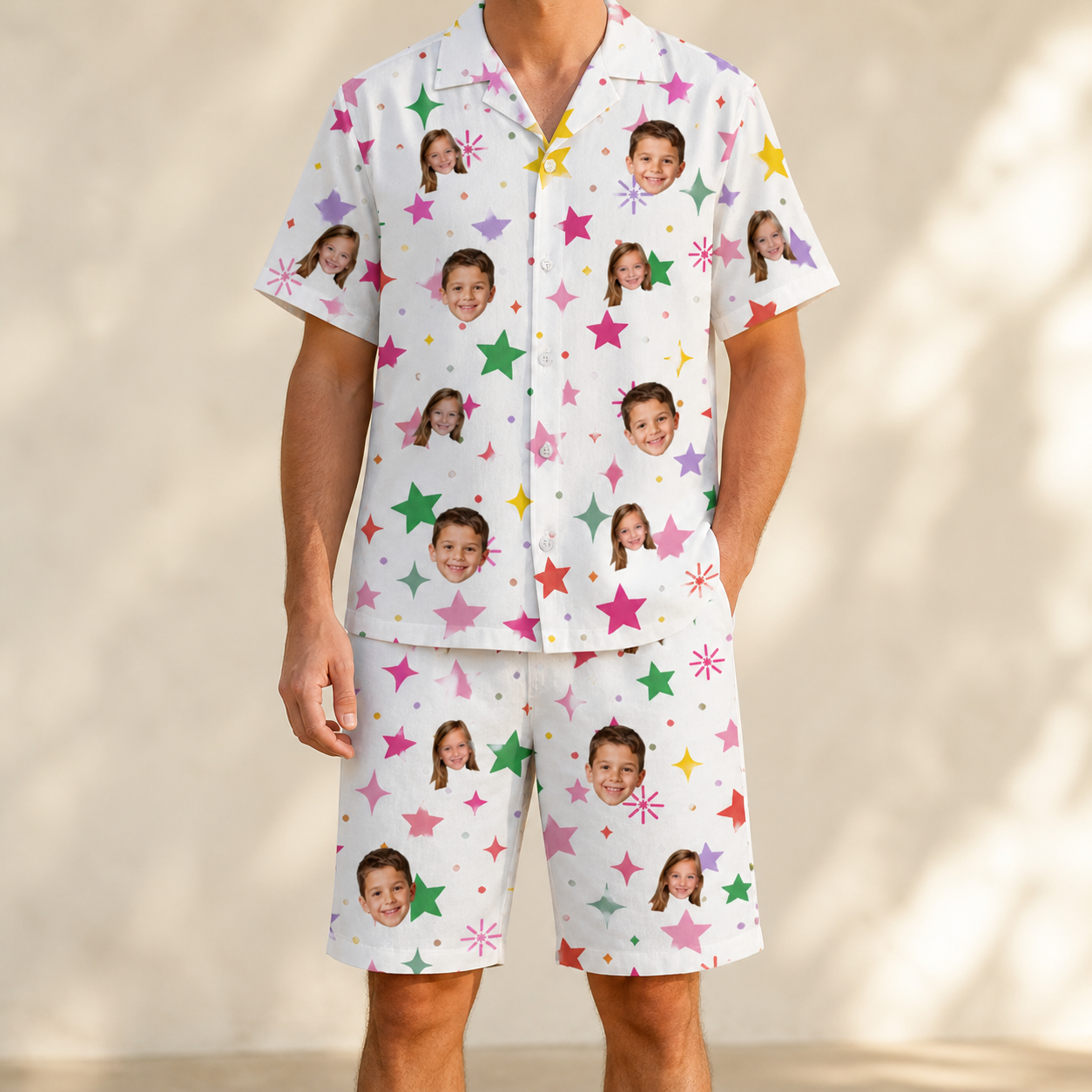 Model wearing Men's Confetti Comets Custom Face Shirt & Shorts Set printed with kids' faces