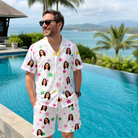 Real-life photo of someone wearing Men's Confetti Comets Custom Face Shirt & Shorts Set — custom faces printed all-over