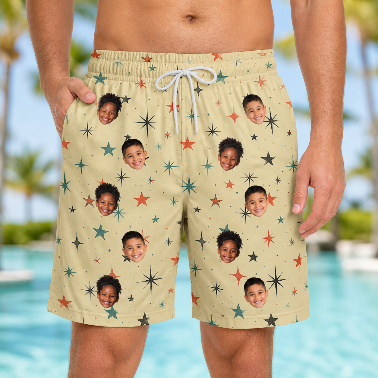 Model wearing Men's Shimmer Shindig Custom Face Beach Shorts printed with kids' faces