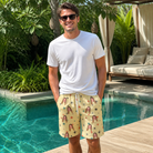 Real-life photo of someone wearing Men's Shimmer Shindig Custom Face Beach Shorts — custom faces printed all-over