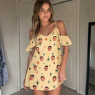 Real-life photo of someone wearing Women's Shimmer Shindig Custom Face Off-Shoulder Dress — custom faces printed all-over