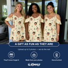 Friends in matching Women's Shimmer Shindig Custom Face Off-Shoulder Dress — a group gift photo