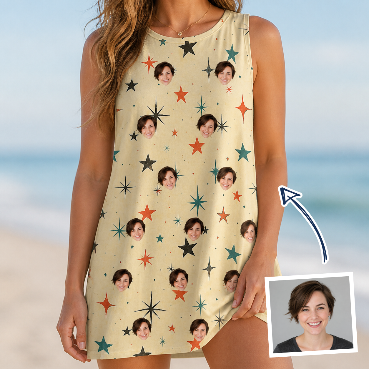 Woman wearing Women's Shimmer Shindig Custom Face Tank Dress — custom faces printed all-over