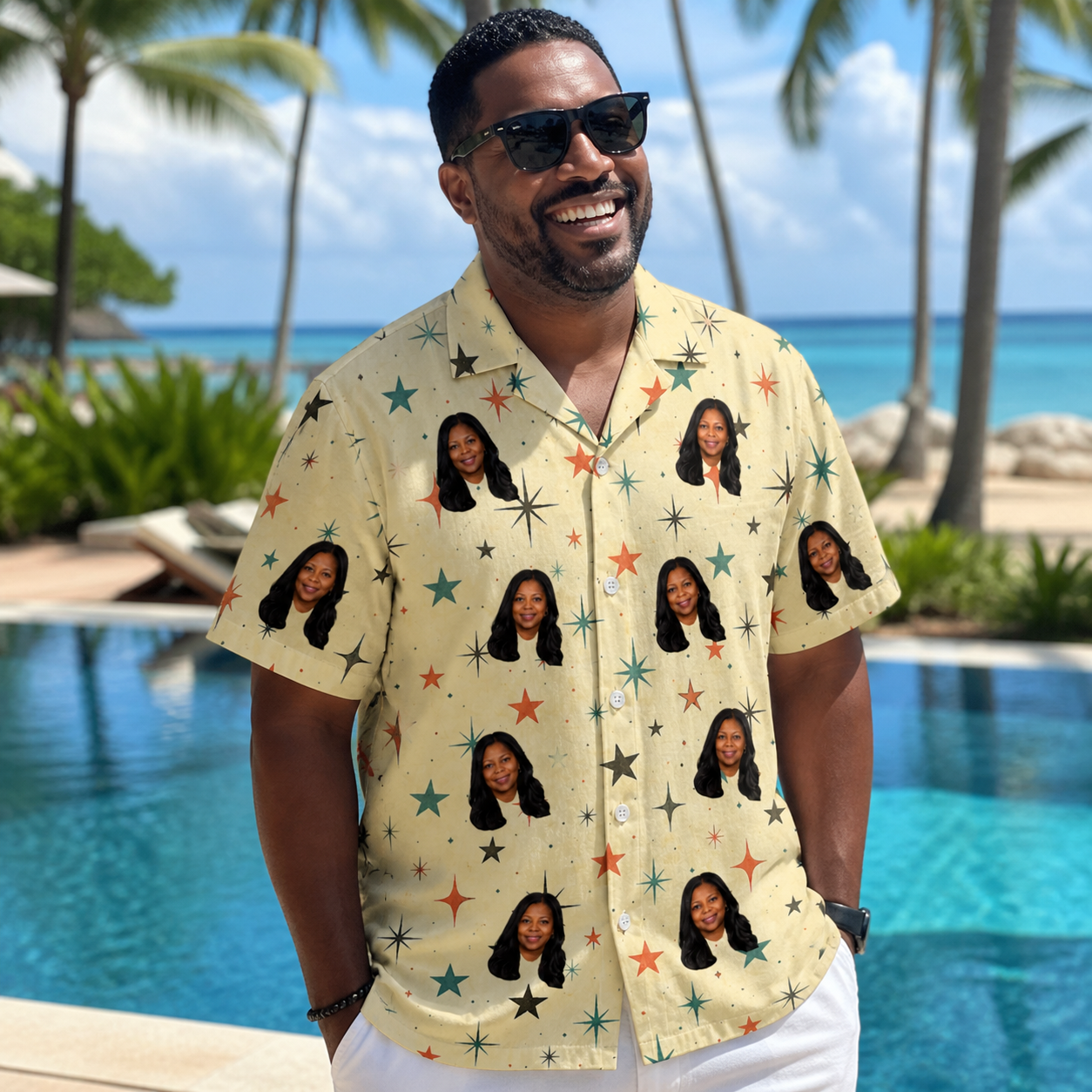 Real-life photo of someone wearing Men's Shimmer Shindig Custom Face Hawaiian Shirt — custom faces printed all-over