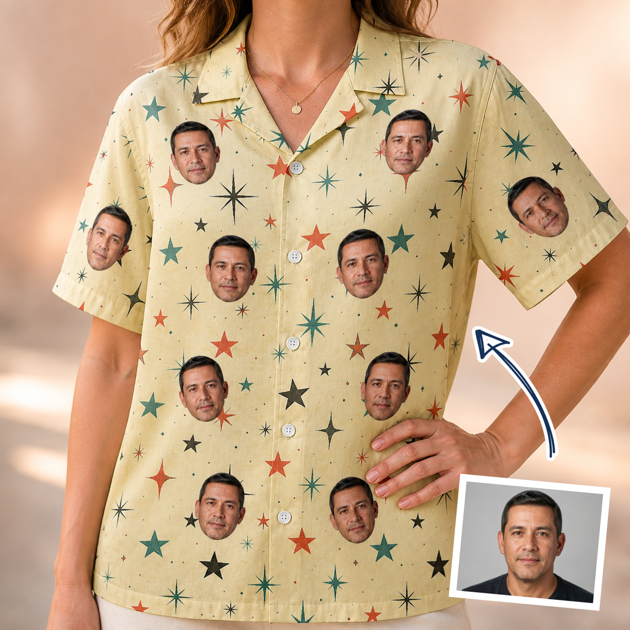 Woman wearing Women's Shimmer Shindig Custom Face Hawaiian Shirt — custom faces printed all-over