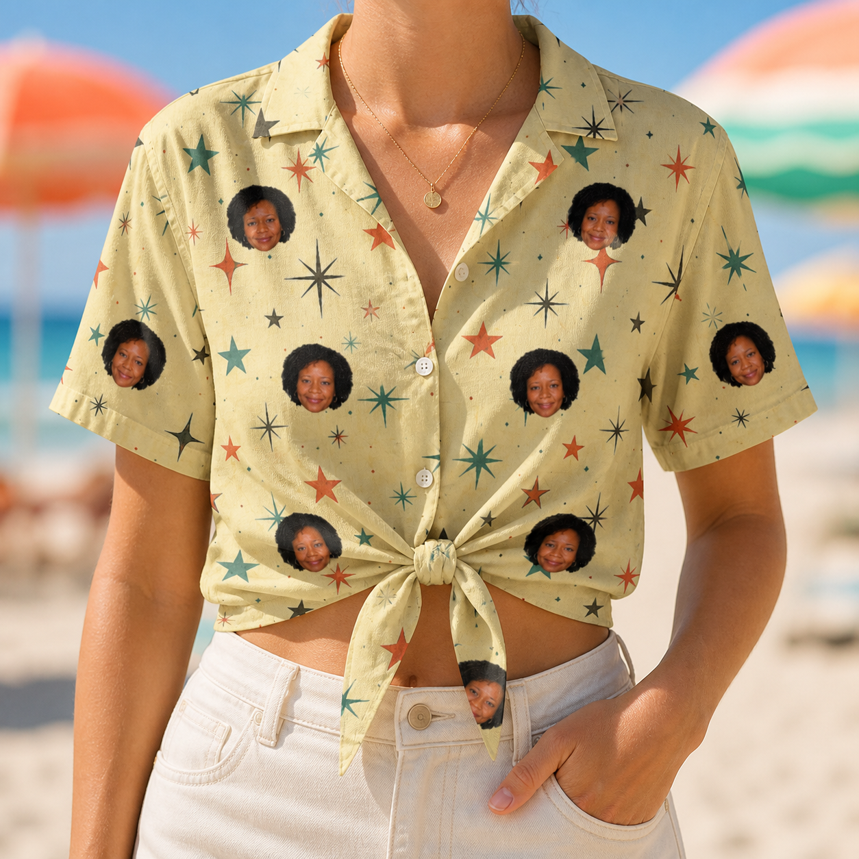 Woman wearing Women's Shimmer Shindig Custom Face Hawaiian Shirt tied at the waist