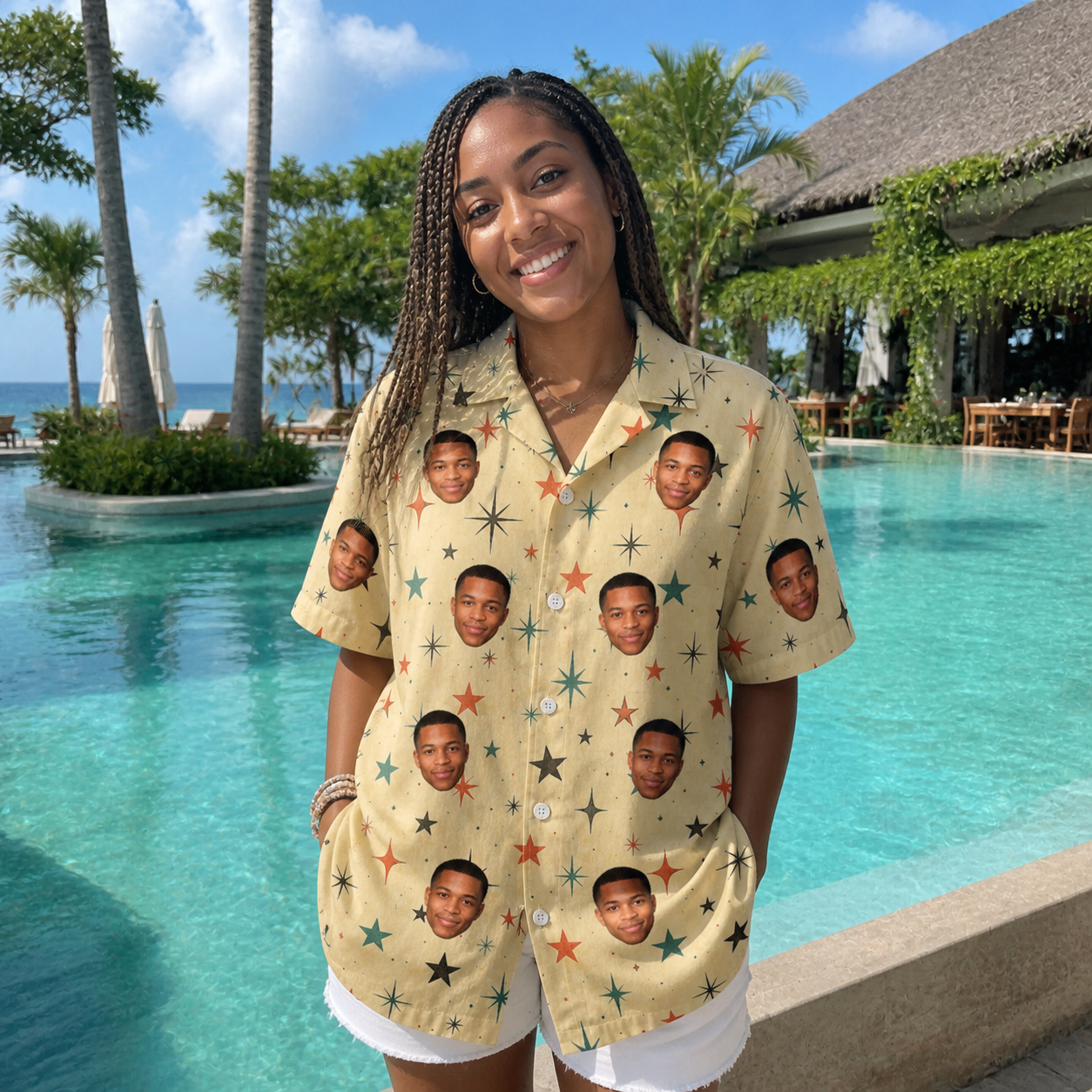 Real-life photo of someone wearing Women's Shimmer Shindig Custom Face Hawaiian Shirt — custom faces printed all-over
