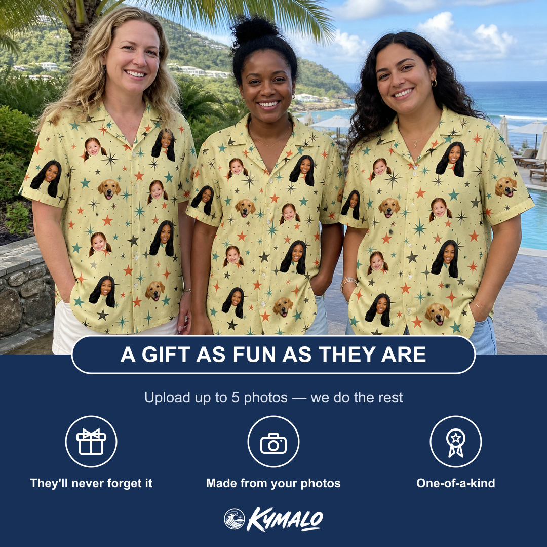 Friends in matching Women's Shimmer Shindig Custom Face Hawaiian Shirt — a group gift photo