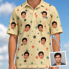 Man wearing Men's Shimmer Shindig Custom Face Polo Shirt — custom faces printed all-over